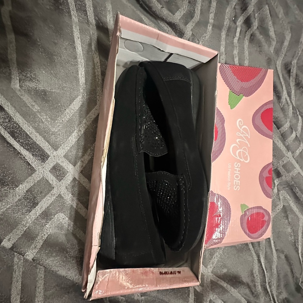 AK Shoes Black Loafers with Rhinestone Detail